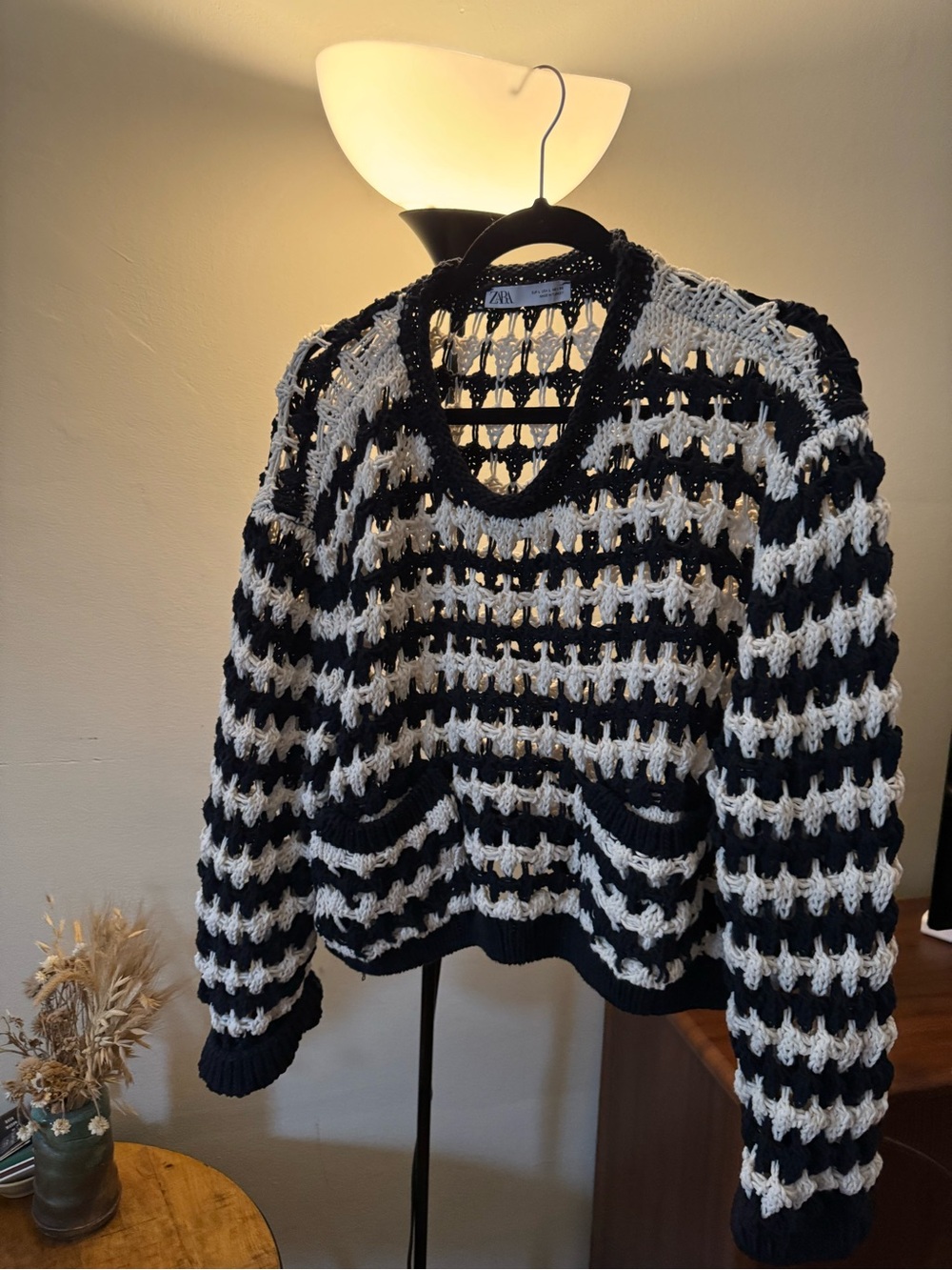 ZARA Black and White Open-Knit V-Neck Sweater- crochet